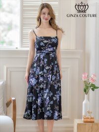 [送料無料][GINZA COUTURE]ブラック×パープル・キャミソール・サテン・プリント・花柄・タックスカート・Aライン・ミディアムドレス・ワンピース[即日発送][大きいサイズあり]