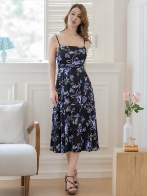 画像6: [送料無料][GINZA COUTURE]ブラック×パープル・キャミソール・サテン・プリント・花柄・タックスカート・Aライン・ミディアムドレス・ワンピース[即日発送][大きいサイズあり]