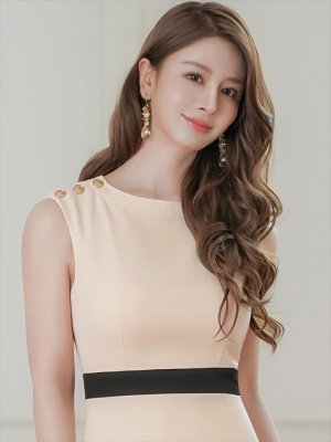 画像4: [送料無料][GINZA COUTURE]ベージュ・ノースリーブ・バイカラー・金ボタン・切替・スリット・タイト・ミディアムドレス・ワンピース[即日発送][大きいサイズあり]