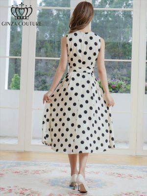 画像3: [送料無料][GINZA COUTURE]ベージュ・ブラック・ノースリーブ・サテンジャガード・花柄・ドット・リボンベルト・Aライン・ミディアムドレス・ワンピース[即日発送][大きいサイズあり]