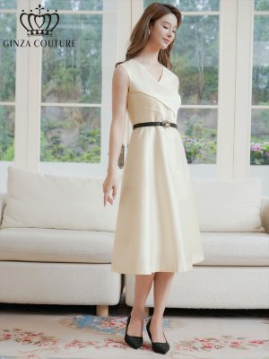 画像2: [送料無料][GINZA COUTURE]アイボリー・Vネック・フラワーモチーフ・ベルト付き・シンプル・上品・Aライン・ミディアムドレス・ワンピース[即日発送][大きいサイズあり]