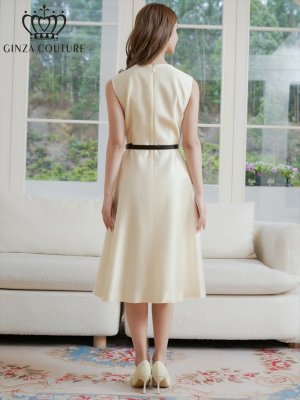 画像3: [送料無料][GINZA COUTURE]アイボリー・Vネック・フラワーモチーフ・ベルト付き・シンプル・上品・Aライン・ミディアムドレス・ワンピース[即日発送][大きいサイズあり]