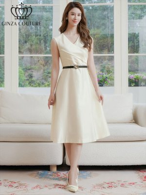 画像5: [送料無料][GINZA COUTURE]アイボリー・Vネック・フラワーモチーフ・ベルト付き・シンプル・上品・Aライン・ミディアムドレス・ワンピース[即日発送][大きいサイズあり]