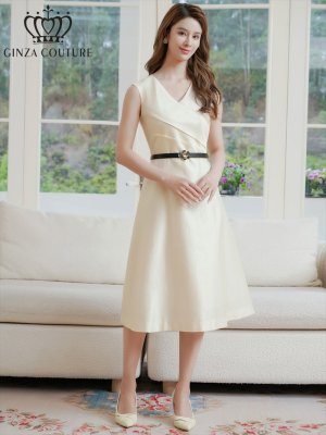 画像6: [送料無料][GINZA COUTURE]アイボリー・Vネック・フラワーモチーフ・ベルト付き・シンプル・上品・Aライン・ミディアムドレス・ワンピース[即日発送][大きいサイズあり]