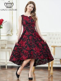 [送料無料][GINZA COUTURE]ブラック×ワインレッド・ホワイト・ジャガード・花柄・スリットネック・ノースリーブ・フィッシュテール・Aライン・ミディアムドレス・ワンピース[即日発送][大きいサイズあり]