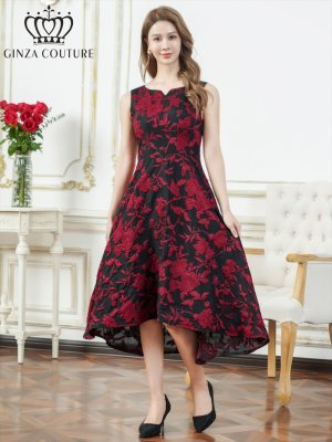 画像7: [送料無料][GINZA COUTURE]ホワイト・ブラック×ワインレッド・ジャガード・花柄・スリットネック・ノースリーブ・フィッシュテール・Aライン・ミディアムドレス・ワンピース[即日発送][大きいサイズあり]