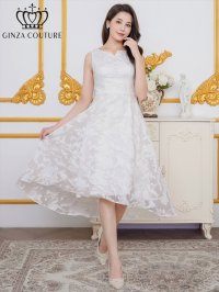 [送料無料][GINZA COUTURE]ホワイト・ブラック×ワインレッド・ジャガード・花柄・スリットネック・ノースリーブ・フィッシュテール・Aライン・ミディアムドレス・ワンピース[即日発送][大きいサイズあり]