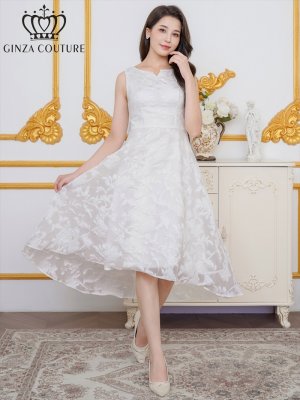 画像1: [送料無料][GINZA COUTURE]ホワイト・ブラック×ワインレッド・ジャガード・花柄・スリットネック・ノースリーブ・フィッシュテール・Aライン・ミディアムドレス・ワンピース[即日発送][大きいサイズあり]