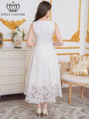 画像3: [送料無料][GINZA COUTURE]ホワイト・ブラック×ワインレッド・ジャガード・花柄・スリットネック・ノースリーブ・フィッシュテール・Aライン・ミディアムドレス・ワンピース[即日発送][大きいサイズあり]