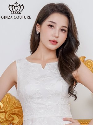 画像4: [送料無料][GINZA COUTURE]ホワイト・ブラック×ワインレッド・ジャガード・花柄・スリットネック・ノースリーブ・フィッシュテール・Aライン・ミディアムドレス・ワンピース[即日発送][大きいサイズあり]