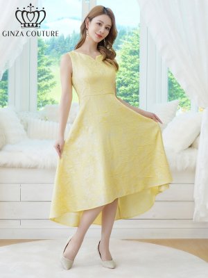 画像2: [送料無料][GINZA COUTURE]イエロー・ブラック×ワインレッド・ホワイト・ジャガード・花柄・スリットネック・フィッシュテール・Aライン・ミディアムドレス・ワンピース[即日発送][大きいサイズあり]