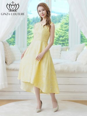 画像5: [送料無料][GINZA COUTURE]イエロー・ブラック×ワインレッド・ホワイト・ジャガード・花柄・スリットネック・フィッシュテール・Aライン・ミディアムドレス・ワンピース[即日発送][大きいサイズあり]