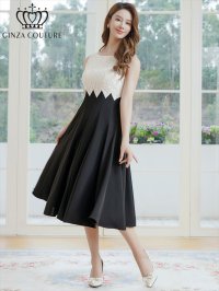[送料無料][GINZA COUTURE]ホワイト×ブラック・バイカラー・シェブロン切替・ノースリーブ・ハイウエスト・Aライン・ミディアムドレス・ワンピース[即日発送][大きいサイズあり]