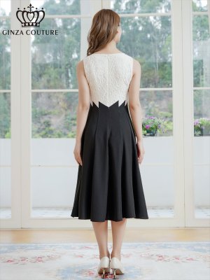 画像3: [送料無料][GINZA COUTURE]ホワイト×ブラック・バイカラー・シェブロン切替・ノースリーブ・ハイウエスト・Aライン・ミディアムドレス・ワンピース[即日発送][大きいサイズあり]