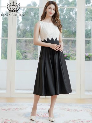 画像5: [送料無料][GINZA COUTURE]ホワイト×ブラック・バイカラー・シェブロン切替・ノースリーブ・ハイウエスト・Aライン・ミディアムドレス・ワンピース[即日発送][大きいサイズあり]