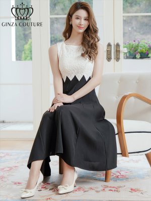 画像6: [送料無料][GINZA COUTURE]ホワイト×ブラック・バイカラー・シェブロン切替・ノースリーブ・ハイウエスト・Aライン・ミディアムドレス・ワンピース[即日発送][大きいサイズあり]