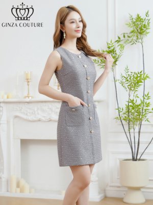画像2: [送料無料][GINZA COUTURE]グレー・ネイビー・ワインレッド・ホワイト・ブラック・ツイード・スパンコール・ノースリーブ・ポケット・Aライン・ミニドレス・ワンピース[即日発送][大きいサイズあり]