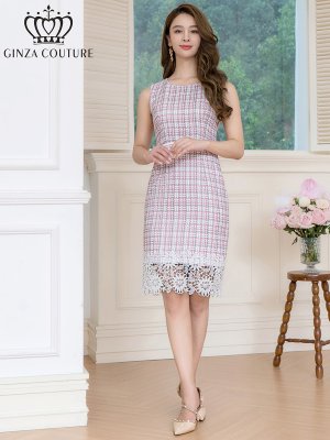 画像5: [送料無料][GINZA COUTURE]ホワイト×ピンク・ツイード・タイト・ノースリーブ・ベルト・レース・ミディアムドレス・ワンピース[即日発送][大きいサイズあり]