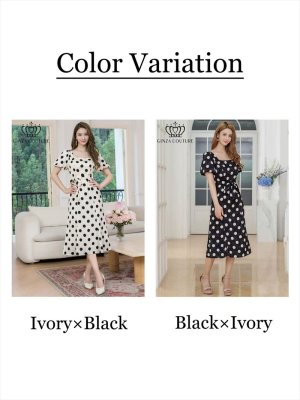 画像13: [送料無料][GINZA COUTURE]アイボリー×ブラック・ブラック×アイボリー・パフスリーブ・半袖・サテンジャガード・ドット・リボン・Aライン・ミディアムドレス・ワンピース[即日発送][大きいサイズあり]