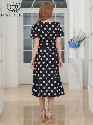 画像9: [送料無料][GINZA COUTURE]アイボリー×ブラック・ブラック×アイボリー・パフスリーブ・半袖・サテンジャガード・ドット・リボン・Aライン・ミディアムドレス・ワンピース[即日発送][大きいサイズあり]