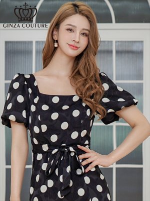 画像10: [送料無料][GINZA COUTURE]アイボリー×ブラック・ブラック×アイボリー・パフスリーブ・半袖・サテンジャガード・ドット・リボン・Aライン・ミディアムドレス・ワンピース[即日発送][大きいサイズあり]