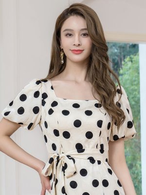 画像4: [送料無料][GINZA COUTURE]アイボリー×ブラック・ブラック×アイボリー・パフスリーブ・半袖・サテンジャガード・ドット・リボン・Aライン・ミディアムドレス・ワンピース[即日発送][大きいサイズあり]