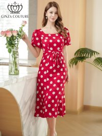 [送料無料][GINZA COUTURE]レッド×ホワイト・ブラック×アイボリー・アイボリー×ブラック・パフスリーブ・半袖・サテンジャガード・ドット・リボン・Aライン・ミディアムドレス・ワンピース[即日発送][大きいサイズあり]