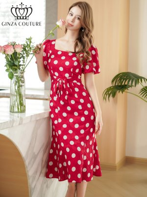 画像2: [送料無料][GINZA COUTURE]レッド×ホワイト・ブラック×アイボリー・アイボリー×ブラック・パフスリーブ・半袖・サテンジャガード・ドット・リボン・Aライン・ミディアムドレス・ワンピース[即日発送][大きいサイズあり]