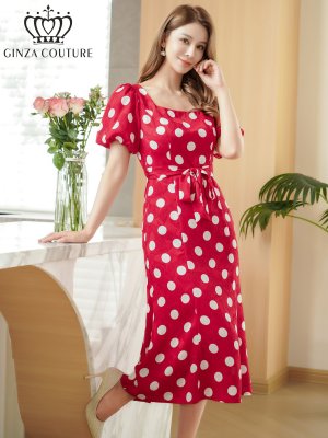 画像5: [送料無料][GINZA COUTURE]レッド×ホワイト・ブラック×アイボリー・アイボリー×ブラック・パフスリーブ・半袖・サテンジャガード・ドット・リボン・Aライン・ミディアムドレス・ワンピース[即日発送][大きいサイズあり]