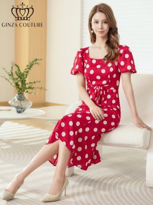 画像6: [送料無料][GINZA COUTURE]レッド×ホワイト・ブラック×アイボリー・アイボリー×ブラック・パフスリーブ・半袖・サテンジャガード・ドット・リボン・Aライン・ミディアムドレス・ワンピース[即日発送][大きいサイズあり]