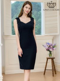 [送料無料][GINZA COUTURE]ホワイト・ネイビー・ワンカラー・異素材・シャーリング・ノースリーブ・シンプル・タイト・ミディアムドレス・ワンピース[即日発送][大きいサイズあり]