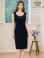 画像8: [送料無料][GINZA COUTURE]ホワイト・ネイビー・ワンカラー・異素材・シャーリング・ノースリーブ・シンプル・タイト・ミディアムドレス・ワンピース[即日発送][大きいサイズあり]