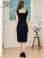 画像9: [送料無料][GINZA COUTURE]ホワイト・ネイビー・ワンカラー・異素材・シャーリング・ノースリーブ・シンプル・タイト・ミディアムドレス・ワンピース[即日発送][大きいサイズあり]
