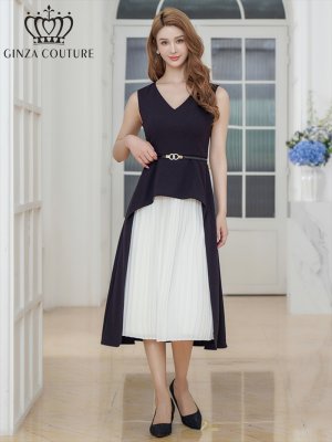 画像6: [送料無料][GINZA COUTURE]ブラック×ホワイト・ロイヤルブルー×ホワイト・バイカラー・ノースリーブ・Vネック・レイヤード・プリーツ・ベルト付き・Aライン・ミディアムドレス・ワンピース[即日発送][大きいサイズあり]