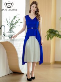 [送料無料][GINZA COUTURE]ブラック×ホワイト・ロイヤルブルー×ホワイト・バイカラー・ノースリーブ・Vネック・レイヤード・プリーツ・ベルト付き・Aライン・ミディアムドレス・ワンピース[即日発送][大きいサイズあり]