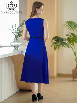 画像3: [送料無料][GINZA COUTURE]ブラック×ホワイト・ロイヤルブルー×ホワイト・バイカラー・ノースリーブ・Vネック・レイヤード・プリーツ・ベルト付き・Aライン・ミディアムドレス・ワンピース[即日発送][大きいサイズあり]