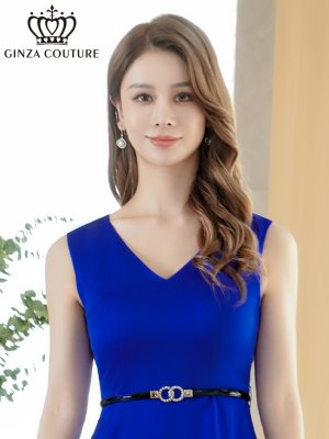 画像4: [送料無料][GINZA COUTURE]ブラック×ホワイト・ロイヤルブルー×ホワイト・バイカラー・ノースリーブ・Vネック・レイヤード・プリーツ・ベルト付き・Aライン・ミディアムドレス・ワンピース[即日発送][大きいサイズあり]