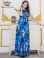 画像1: [送料無料][GINZA COUTURE]ブルー・パープル・イエロー・ピンク・ノースリーブ・シワ加工サテン・フラワー柄・花柄・プリント・ウエストリブ・Aライン・ロングドレス[即日発送][大きいサイズあり] (1)