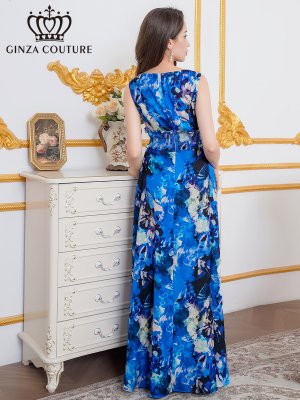 画像9: [送料無料][GINZA COUTURE]パープル・ブルー・イエロー・ピンク・シワ加工サテン・フラワー柄・花柄・プリント・ノースリーブ・ウエストリブ・Aライン・ロングドレス[即日発送][大きいサイズあり]