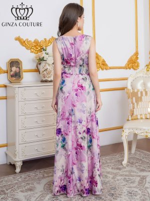 画像3: [送料無料][GINZA COUTURE]パープル・ブルー・イエロー・ピンク・シワ加工サテン・フラワー柄・花柄・プリント・ノースリーブ・ウエストリブ・Aライン・ロングドレス[即日発送][大きいサイズあり]