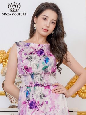 画像4: [送料無料][GINZA COUTURE]パープル・ブルー・イエロー・ピンク・シワ加工サテン・フラワー柄・花柄・プリント・ノースリーブ・ウエストリブ・Aライン・ロングドレス[即日発送][大きいサイズあり]