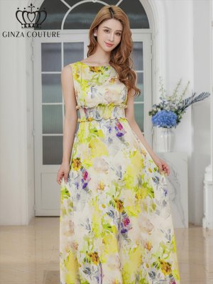 画像17: [送料無料][GINZA COUTURE]パープル・ブルー・イエロー・ピンク・シワ加工サテン・フラワー柄・花柄・プリント・ノースリーブ・ウエストリブ・Aライン・ロングドレス[即日発送][大きいサイズあり]