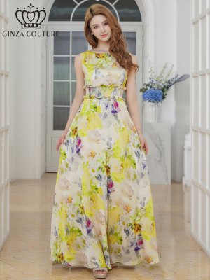 画像18: [送料無料][GINZA COUTURE]パープル・ブルー・イエロー・ピンク・シワ加工サテン・フラワー柄・花柄・プリント・ノースリーブ・ウエストリブ・Aライン・ロングドレス[即日発送][大きいサイズあり]