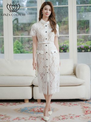 画像1: [送料無料][GINZA COUTURE]ホワイト・総レース・半袖・ロールカラー・ビジューボタン・フェイクポケット・タイト・ミディアムドレス・ワンピース[即日発送][大きいサイズあり]