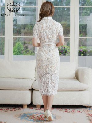 画像3: [送料無料][GINZA COUTURE]ホワイト・総レース・半袖・ロールカラー・ビジューボタン・フェイクポケット・タイト・ミディアムドレス・ワンピース[即日発送][大きいサイズあり]