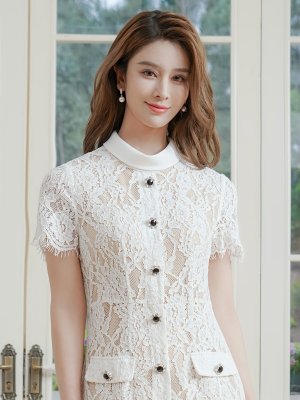 画像4: [送料無料][GINZA COUTURE]ホワイト・総レース・半袖・ロールカラー・ビジューボタン・フェイクポケット・タイト・ミディアムドレス・ワンピース[即日発送][大きいサイズあり]