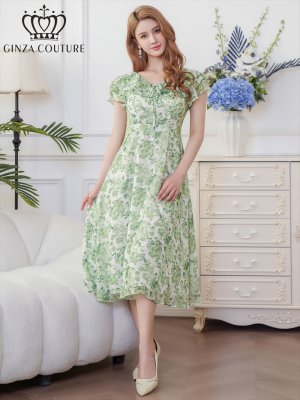 画像1: [送料無料][GINZA COUTURE]グリーン・フリルカラー・フリルスリーブ・リボン・プリント・シフォン・切替・Aライン・ミディアムドレス・ワンピース[即日発送][大きいサイズあり]