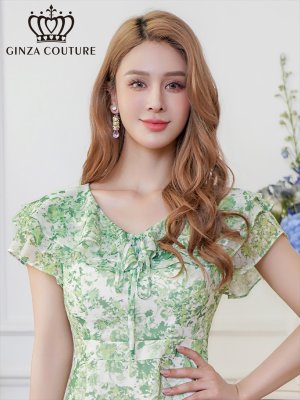 画像4: [送料無料][GINZA COUTURE]グリーン・フリルカラー・フリルスリーブ・リボン・プリント・シフォン・切替・Aライン・ミディアムドレス・ワンピース[即日発送][大きいサイズあり]