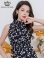 画像4: [送料無料][GINZA COUTURE]ブラック×ホワイト・花柄・プリント・首元フリル・ウエストマーク・アメリカンスリーブ・ティアード・Aライン・ミニドレス・ワンピース[即日発送][大きいサイズあり]