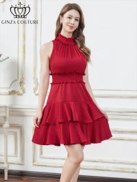 [送料無料][GINZA COUTURE]レッド・レッド×ホワイト・ホワイト・ブラック×ホワイト・ロイヤルブルー・ドット・花柄・プリント・ワンカラー・首元フリル・ウエストマーク・アメリカンスリーブ・ティアード・Aライン・ミニドレス・ワンピース[即日発送][大きいサイズあり]